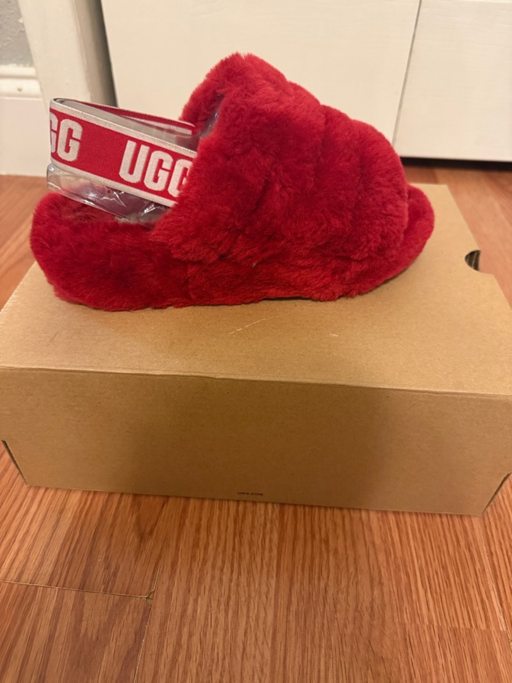 UGG Red Plush Slide with Logo Heel Strap
